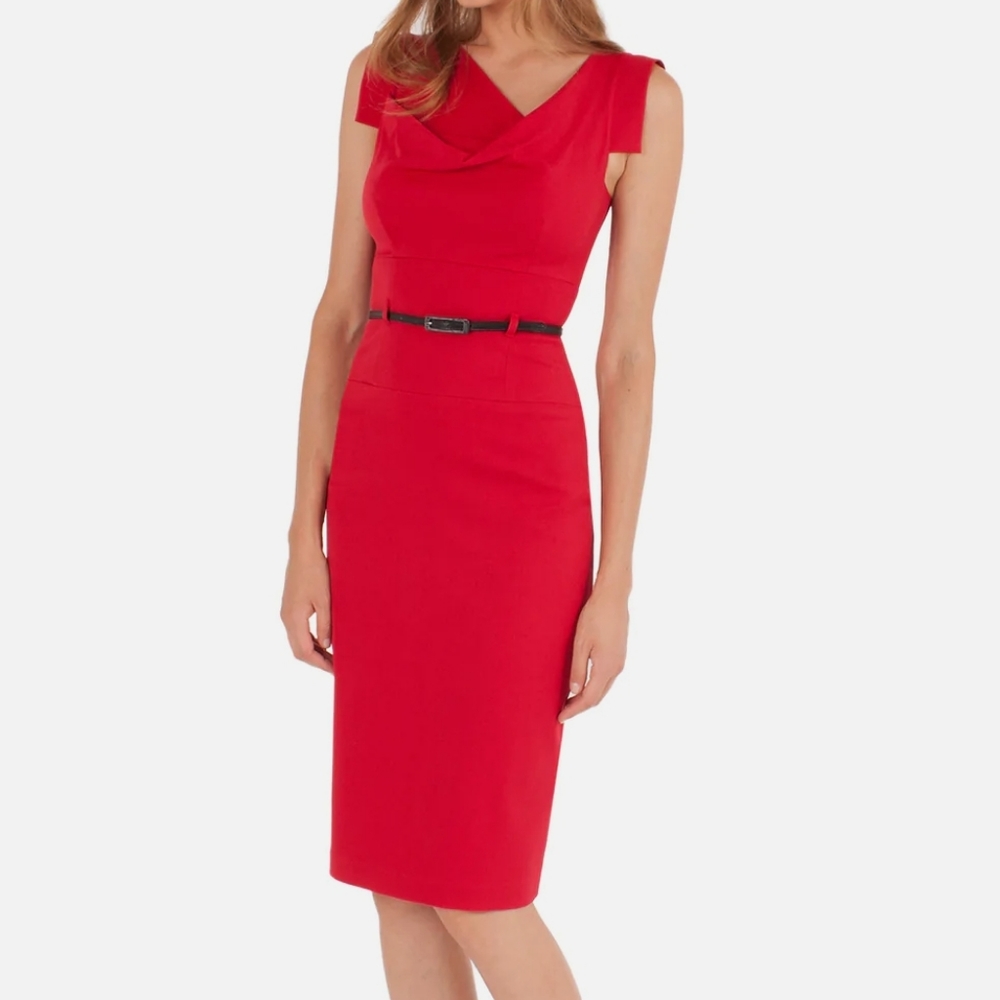 Black Halo Jackie O Belted Cocktail Sheath Dress Cherry Red Size 4 - Picture 8 of 16